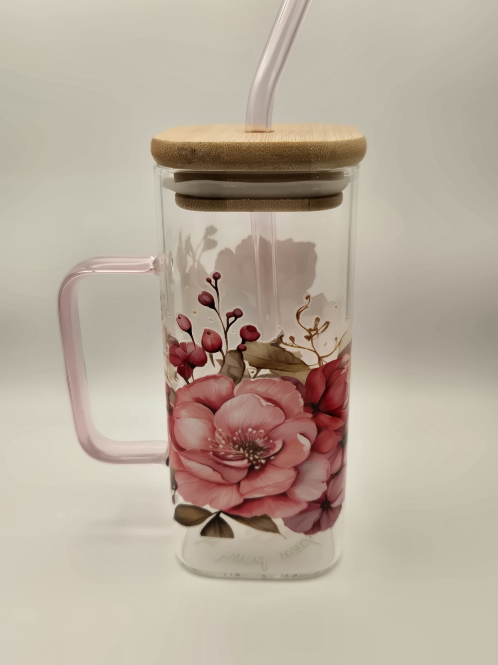 Pink Floral Glass Tumbler with Bamboo Lid and Straw - Floral Blossom Design